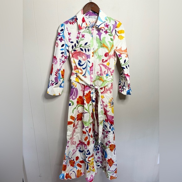 Zara white cotton poplin shirt dress colorful pattern tie waist midi size XS - Picture 5 of 7